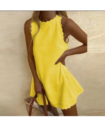 Kadın Keten Kumaş Sıfır Kol Mini Boy Elbise