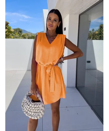 Kadın Keten Kumaş V Yaka Belde Kuşak Detaylı Sıfır Kol Elbise