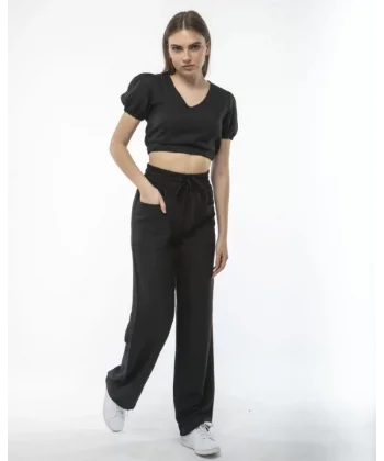 Kadin Keten Pantalon Ve Crop Takım  iyah
