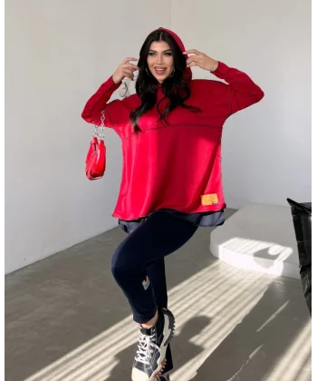 Kadın Kırmızı Kapşonlu Etek Ucu Detay Arma Ters Dikiş Gorunumlu Ikili Takım