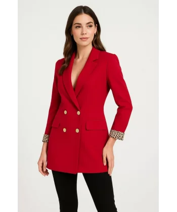 Kadın Kırmızı Kırlangıç Yaka Altın Düğmeli Blazer Leopar Manşetli Ceket- Kırmızı