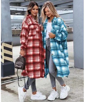 Kadın Kırmızı Uzun Ekose Detay Fırsat ürün Ekose Ceket