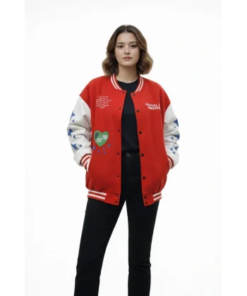 Kadın Kırmızı Varsity Çıtçıtlı Baskılı Oversize kalıp Kolej Ceket - Kırmızı