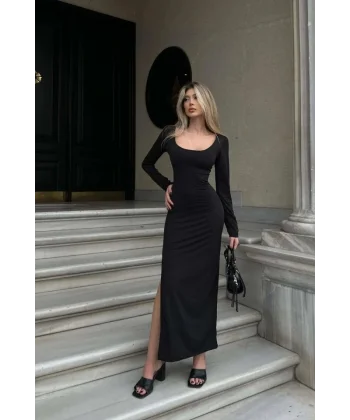 Kadın Kırmızı Yarım Balıkçı Tek Taraf Yırtmaçlı Uzun Kol Elbise