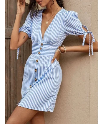 Kadın Kısa Bağcıklı Kol Kruvaze Yaka önden Düğmeli Kısa Poplin Elbise