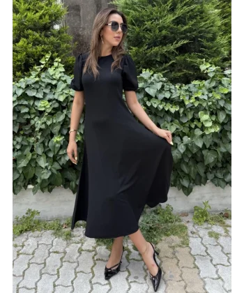 Kadın Kısa Balon Kollu Bisiklet Yaka Geniş Kesim Janjan Krep Elbise