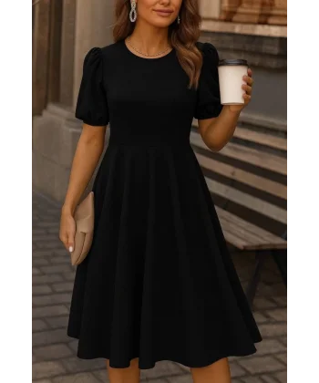 Kadın Kısa Balon Kollu Bisiklet Yaka Geniş Kesim Janjan Krep Elbise