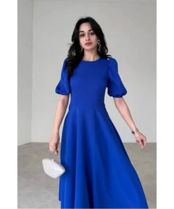 Kadın Kısa Balon Kollu Bisiklet Yaka Geniş Kesim Janjan Krep Elbise