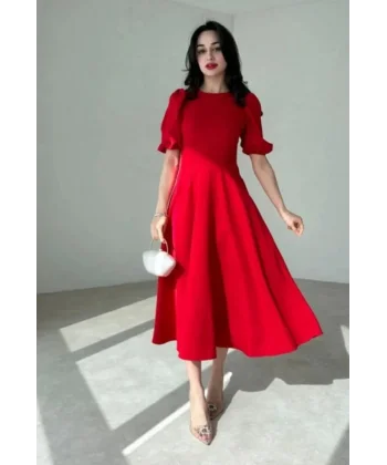 Kadın Kısa Balon Kollu Bisiklet Yaka Geniş Kesim Janjan Krep Elbise