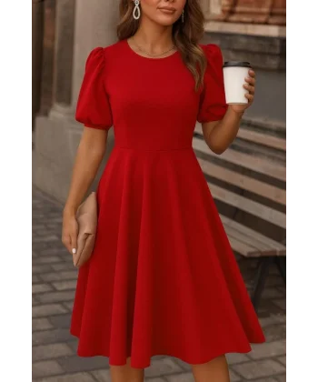 Kadın Kısa Balon Kollu Bisiklet Yaka Geniş Kesim Janjan Krep Elbise