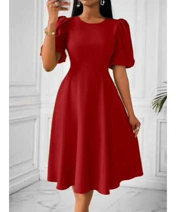 Kadın Kısa Balon Kollu Bisiklet Yaka Kiloş Janjan Krep Elbise