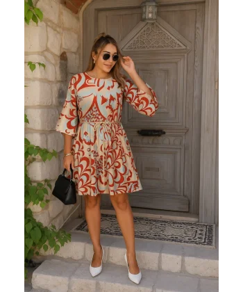 Kadın Kısa Balon Kollu Yuvarlak Yakalı Pileli Desenli Mini Elbise
