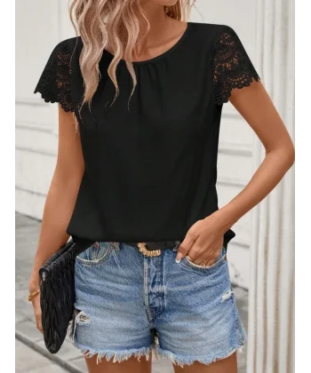 Kadın Kısa Dantel Kollu Bisiklet Yaka Sandy Bluz