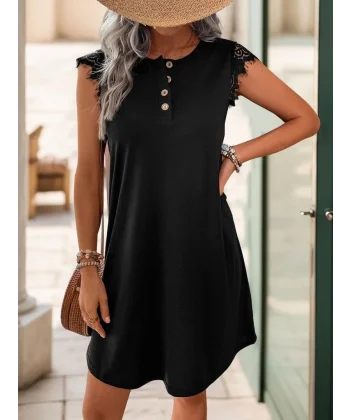 Kadın Kısa Dantel Kollu önden Düğmeli Viskon Elbise