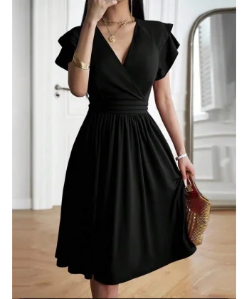 Kadın Kısa Fırfır Kollu Kruvaze Yakalı Kiloş Janjan Krep Elbise