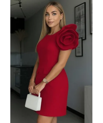 Kadın Kısa Gül Detaylı Kollu Bisiklet Yaka Cepli Mini Atlas Elbise