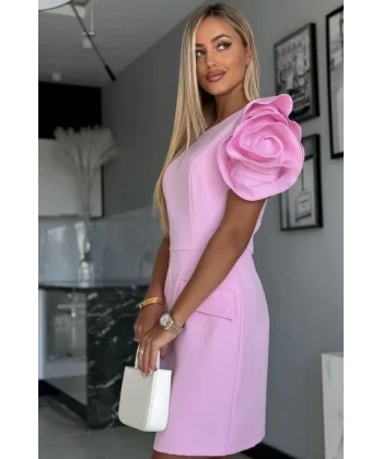 Kadın Kısa Gül Detaylı Kollu Bisiklet Yaka Cepli Mini Atlas Elbise