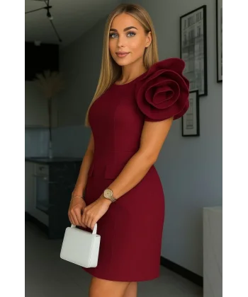 Kadın Kısa Gül Detaylı Kollu Bisiklet Yaka Cepli Mini Atlas Elbise