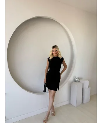 Kadın Kısa Kap Kollu Bisiklet Yaka Belden Bağlamalı Modal Mini Elbise