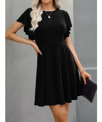 Kadın Kısa Kelebek Kollu Bisiklet Yaka Janjan Krep Elbise