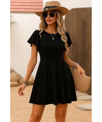 Kadın Kısa Kelebek Kollu Bisiklet Yaka Janjan Krep Elbise