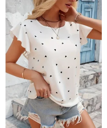 Kadın Kısa Kelebek Kollu Bisiklet Yaka Kalp Desenli Süprem Bluz