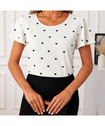 Kadın Kısa Kelebek Kollu Bisiklet Yaka Kalp Desenli Süprem Bluz