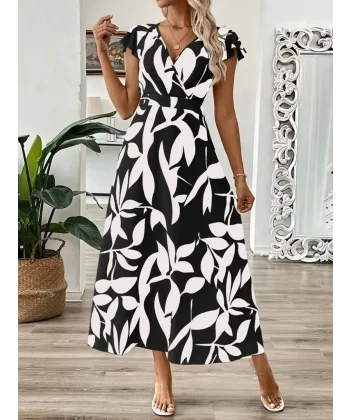 Kadın Kısa Kelebek Kollu Kruvaze Yaka Desenli Süprem Elbise