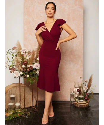 Kadın Kısa Kelebek Kollu Kruvaze Yaka Ithal Krep Midi Elbise