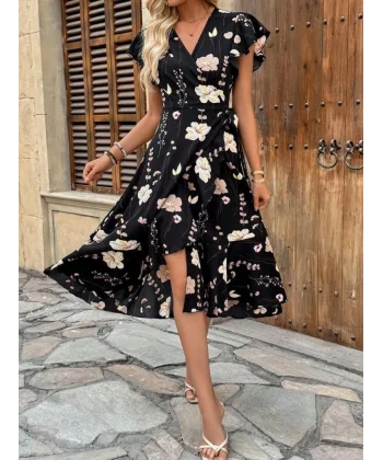 Kadın Kısa Kelebek Kollu Kruvaze Yakalı Belden Kuşaklı Midi Süprem Elbise