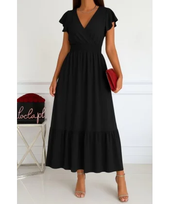 Kadın Kısa Kelebek Kollu Kruvaze Yakalı Beli Lastikli Aerobin Elbise