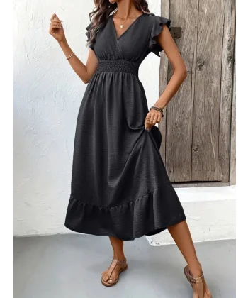 Kadın Kısa Kelebek Kollu Kruvaze Yakalı Beli Lastikli Aerobin Elbise