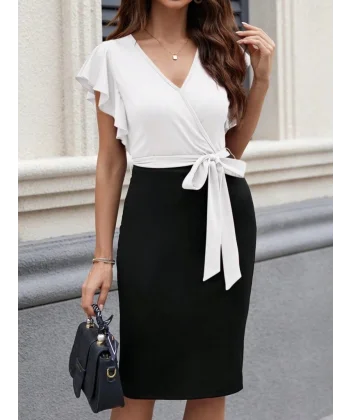 Kadın Kısa Kelebek Kollu Kruvaze Yakalı çift Renkli Kuşaklı Ithal Krep Elbise