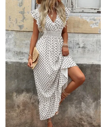 Kadın Kısa Kelebek Kollu Kruvaze Yakalı Desenli Süprem Elbise