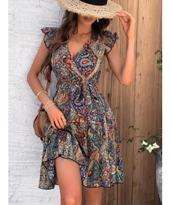 Kadın Kısa Kelebek Kollu Kruvaze Yakalı Süprem Elbise