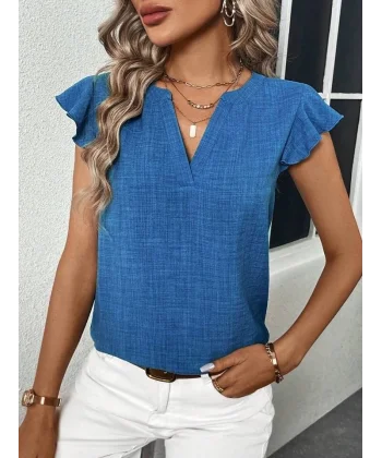 Kadın Kısa Kelebek Kollu V Yakalı Bluz