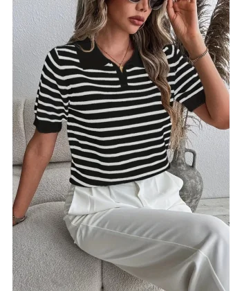 Kadın Kısa Kol Polo Yaka çizgi Desen Triko Bluz