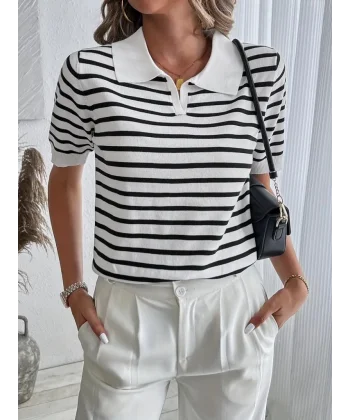 Kadın Kısa Kol Polo Yaka çizgi Desen Triko Bluz