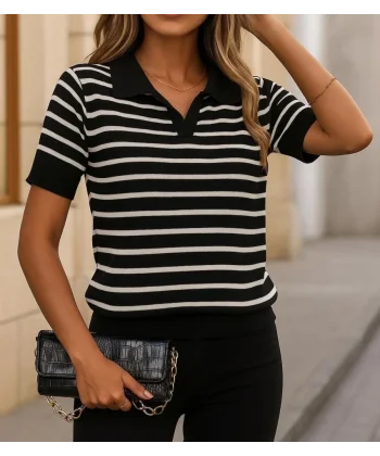 Kadın Kısa Kol Polo Yaka çizgi Desen Triko Bluz