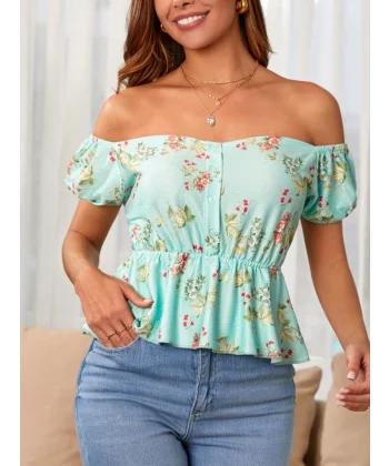 Kadın Kısa Kollu adonna Yaka çiçek Desenli Düğme Detay Gipeli üprem Kumaş Bluz