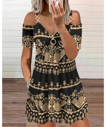 Kadın Kısa Kollu Aksesuar Askılı Fermuarlı Etnik Desen Mikro Elbise