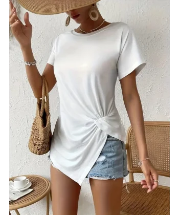 Kadın Kısa Kollu Asimetrik Kesim Bel Büzgü Düğüm Detay Viskon Bluz