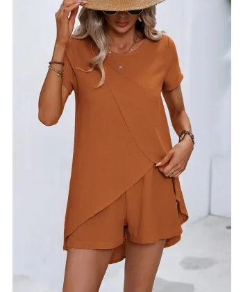 Kadın Kısa Kollu Asimetrik Kesim Bürümcük Bluz Ve şort Ikili Takım