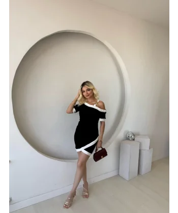 Kadın Kısa Kollu Asimetrik Kesim Yaka şerit Ve Aksesuar Detaylı Modal Elbise
