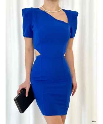 Kadın Kısa Kollu Asimetrik Yaka Detay Mini Krep Elbise