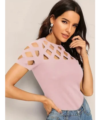 Kadın Kısa Kollu Baklava Desen Lazer Kesim Ithal Krep Bluz