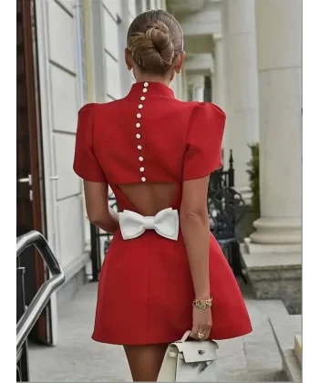 Kadın Kısa Kollu Balıkçı Yaka Arkadan Kelebek Dekolte Detaylı Kısa Atlas Elbise