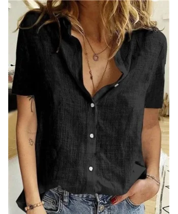 Kadın Kısa Kollu Basic Keten Gömlek