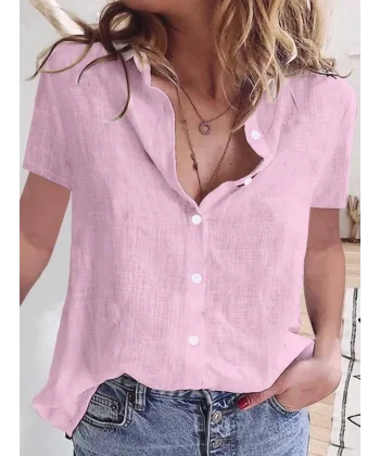 Kadın Kısa Kollu Basic Keten Gömlek