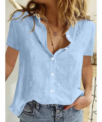 Kadın Kısa Kollu Basic Keten Gömlek